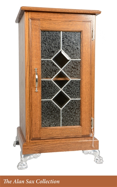 GLASS FRONT OAK SLOT MACHINE STAND.