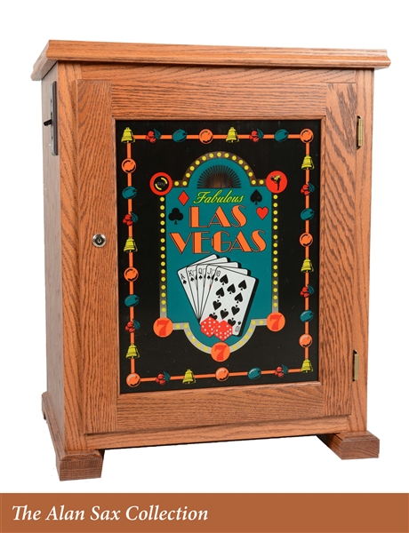 LIGHTED GLASS FRONT OAK SLOT MACHINE STAND.