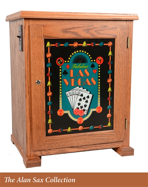 LIGHTED GLASS FRONT OAK SLOT MACHINE STAND.