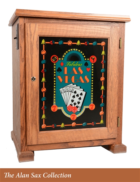 LIGHTED GLASS FRONT OAK SLOT MACHINE STAND.