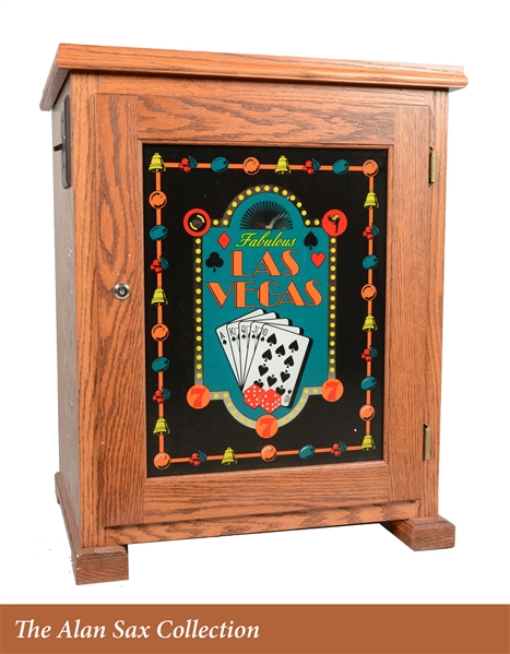 LIGHTED GLASS FRONT OAK SLOT MACHINE STAND.