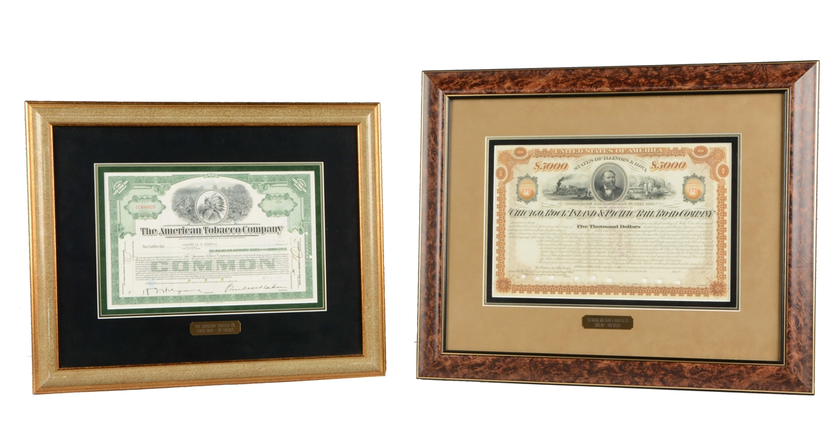 LOT OF 2: FRAMED FINANCIAL CERTIFICATES. 