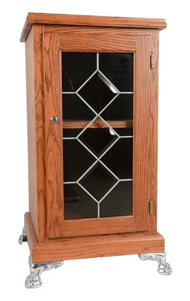 GLASS FRONT OAK SLOT MACHINE STAND.