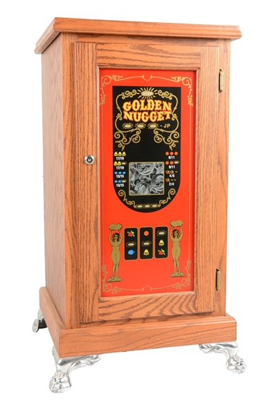 GLASS FRONT OAK SLOT MACHINE STAND.