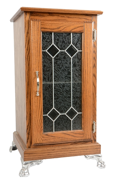 GLASS FRONT OAK SLOT MACHINE STAND.