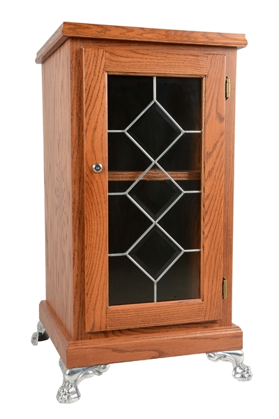 GLASS FRONT OAK SLOT MACHINE STAND.