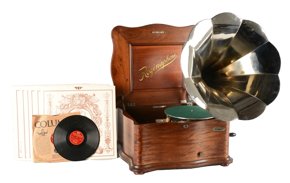 REGINAPHONE MUSIC BOX WITH TUNE SHEETS & PHONOGRAPHS. 