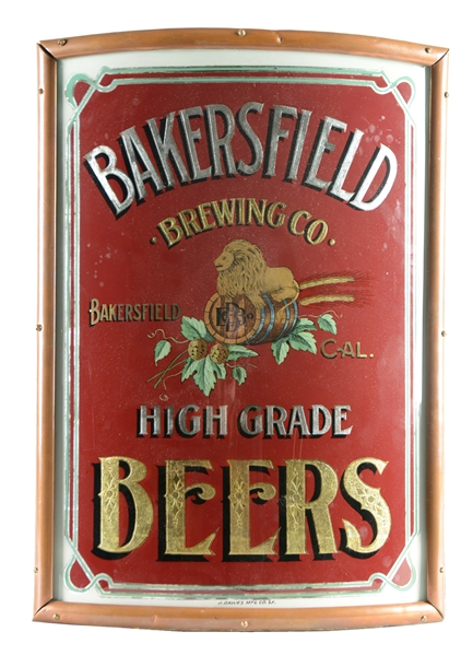 BAKERSFIELD BREWING REVERSE GLASS PAINTED SIGN.