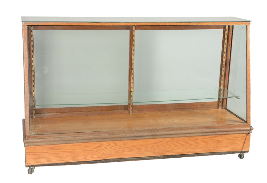 LARGE GLASS AND WOOD TRAPEZOID DISPLAY SHOWCASE.