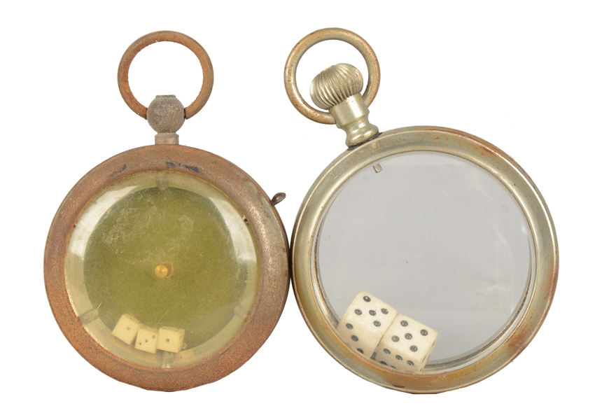 LOT OF 2: POCKET WATCH DICE SHAKERS.