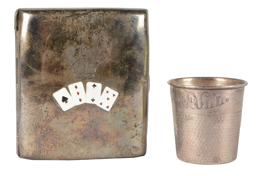 LOT OF 2: SILVER SHOT GLASS AND CIGARETTE CASE. 