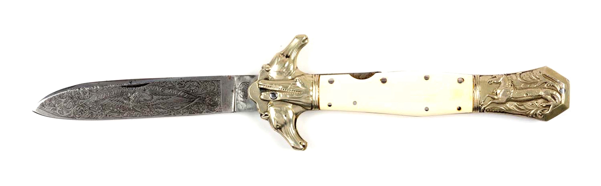 DOUBLE HORSE-ALLIGATOR FOLDING BOWIE KNIFE BY S.C. WRAGG, SHEFFIELD.
