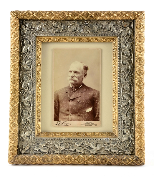 RARE AND ORIGINAL FRAMED CABINET CARD PHOTO OF WELLS FARGO STAGE COACH ROBBER BLACK BART.
