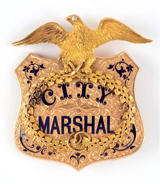 EARLY & FINE SOLID GOLD SAN JOSE CITY MARSHAL BADGE OF WILLIAM SEXTON.