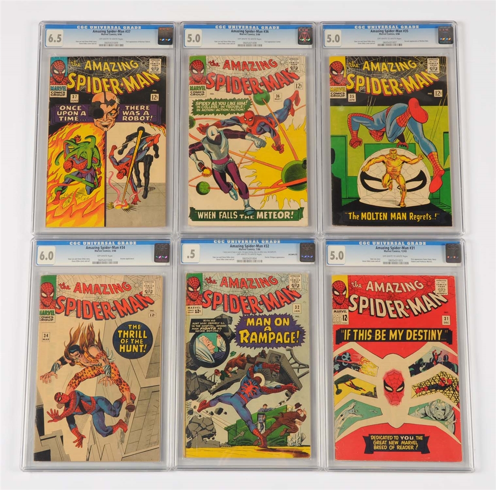 LOT OF 6: AMAZING SPIDER-MAN COMIC BOOKS 1965-66 #31 #32 #34 #35 #36 #37