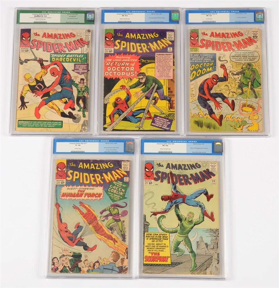 LOT OF 5: AMAZING SPIDER-MAN COMIC BOOKS 1963-64-65 #5 #11 #16 #17 #20
