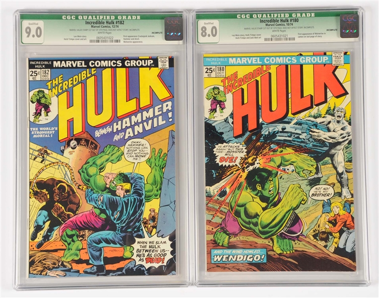 LOT OF 2: INCREDIBLE HULK #180 & #182 WHITE PAGES CGC QUALIFIED GRADE