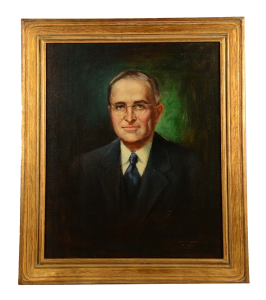 FRAMED PORTRAIT OF PRESIDENT HARRY S. TRUMAN W/ GREEN BACKGROUND