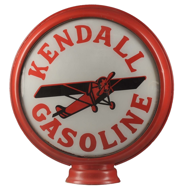 KENDALL GASOLINE 15" SINGLE LENS W/ AIRPLANE GRAPHIC ON A METAL BODY.