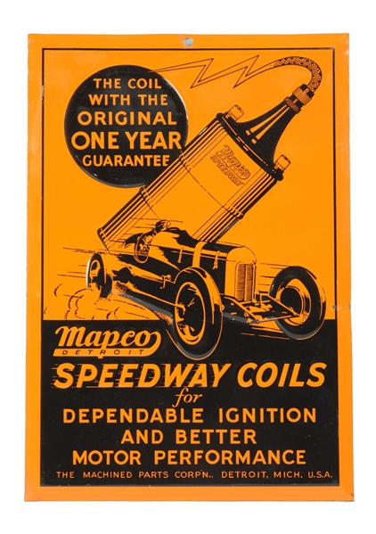 SPEEDWAY COILS W/ RACE CAR GRAPHICS EMBOSSED TIN SIGN.