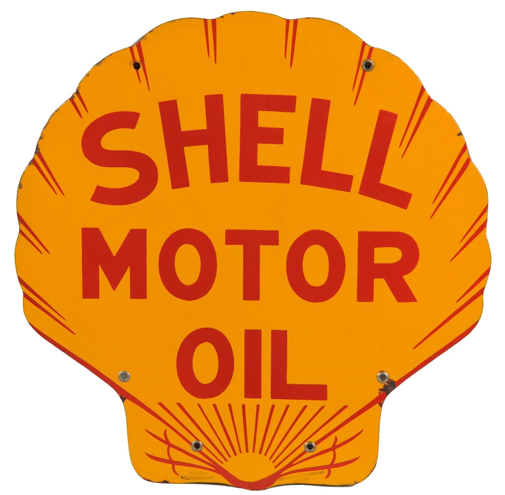 SHELL MOTOR OIL PORCELAIN CURB SIGN.