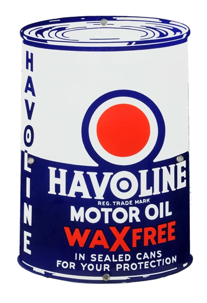 HAVOLINE WAX FREE MOTOR OIL CAN SHAPED SIGN.