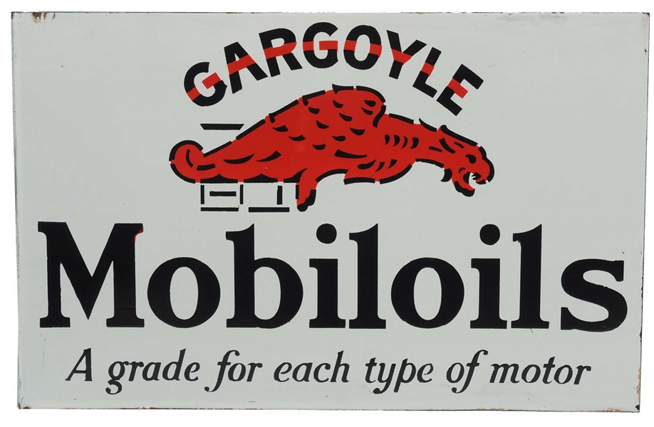 NOS MOBIL GARGOYLE MOBILOILS PORCELAIN FLANGE SIGN.