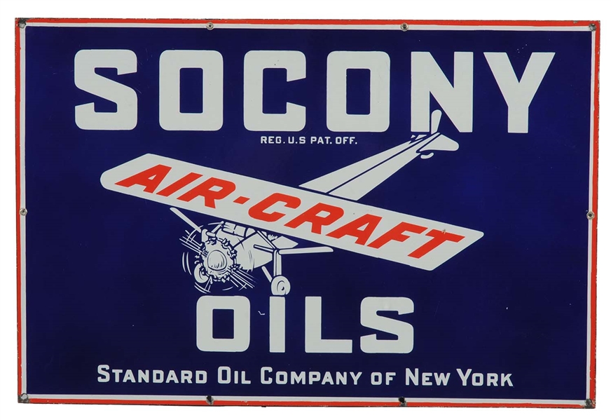 SOCONY AIRCRAFT MOTOR OILS W/ AIRPLANE GRAPHICS SIGN.