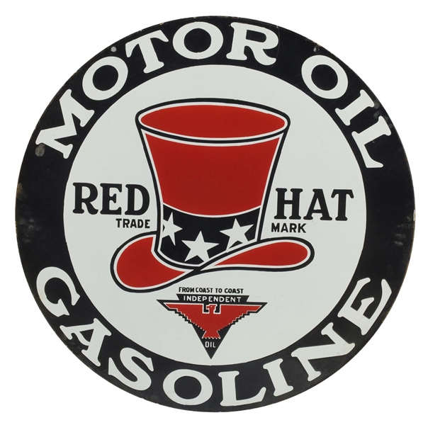 RED HAT MOTOR OIL & GASOLINE 32" PORCELAIN SIGN.