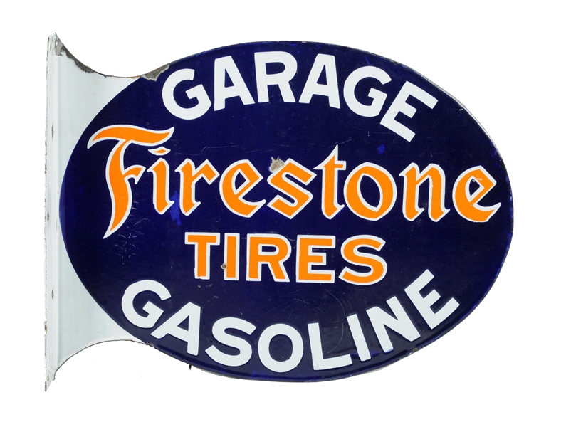 FIRESTONE TIRES GARAGE & GASOLINE PORCELAIN FLANGE SIGN.