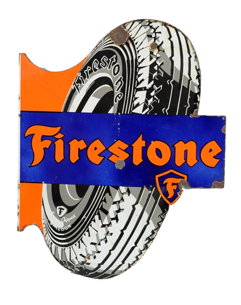FIRESTONE TIRES DIECUT TIRE PORCELAIN FLANGE SIGN.