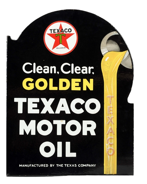 TEXACO GOLDEN CLEAR MOTOR OIL PORCELAIN FLANGE SIGN. 