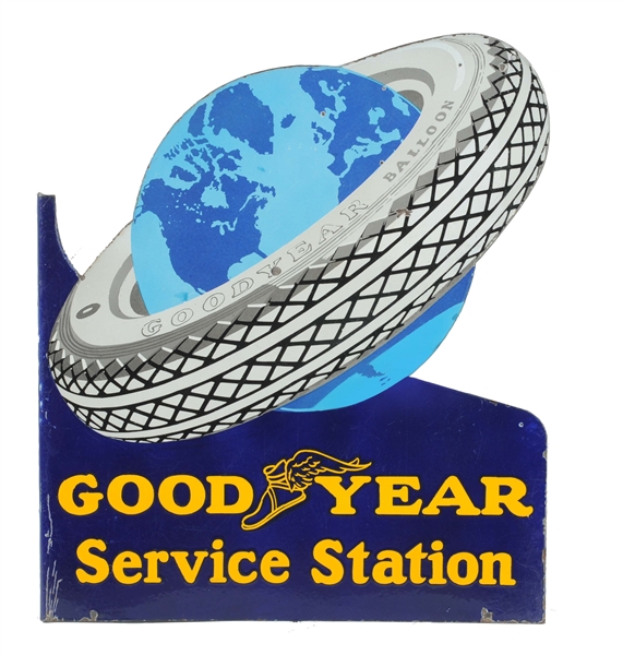 GOODYEAR TIRES W/ GLOBE GRAPHICS PORCELAIN FLANGE SIGN.