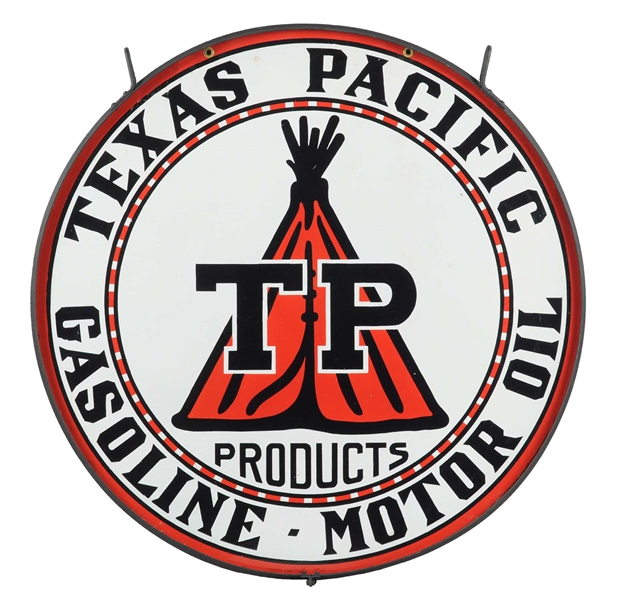 TEXAS PACIFIC W/ TEE PEE GRAPHIC 42" PORCELAIN SIGN.