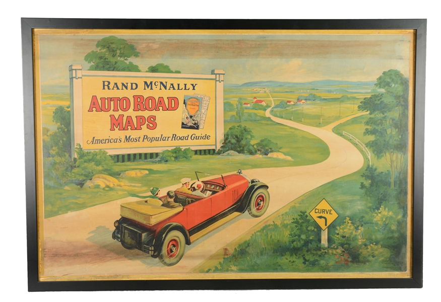RAND MCNALLY AUTO ROAD MAPS ADVERTISING POSTER IN FRAME.