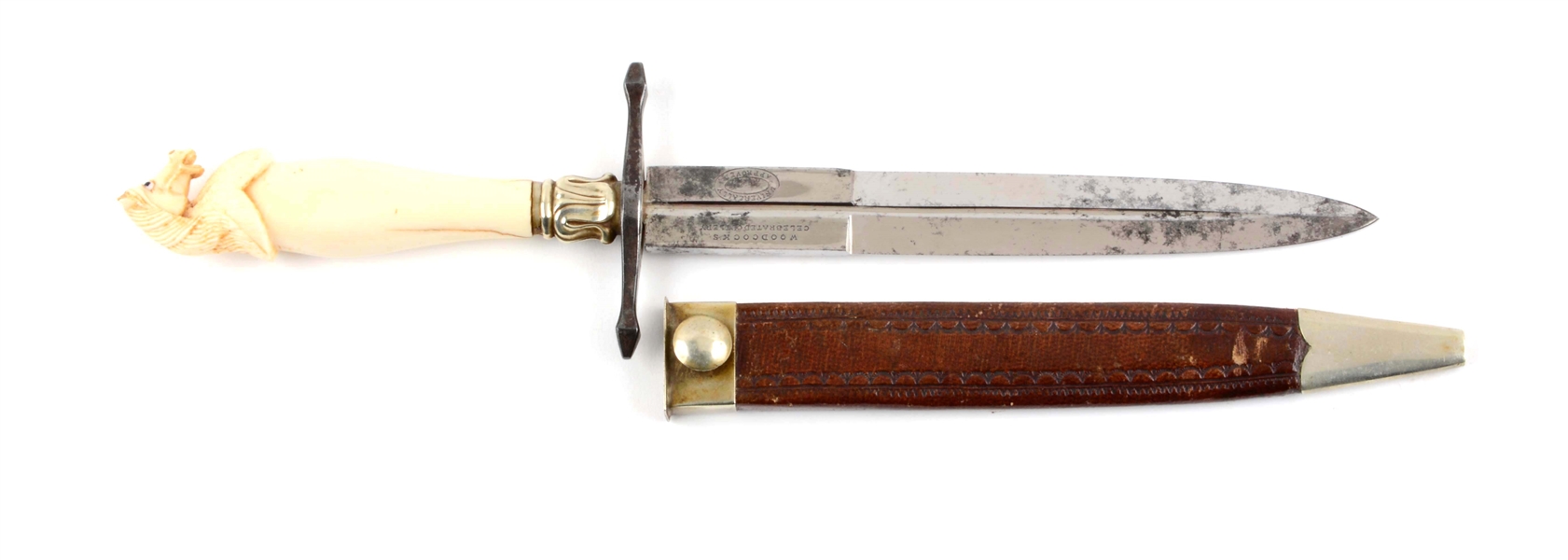 CARVED IVORY HORSEHEAD DOUBLE EDGED BOWIE KNIFE BY WOODCOCK, SHEFFIELD.