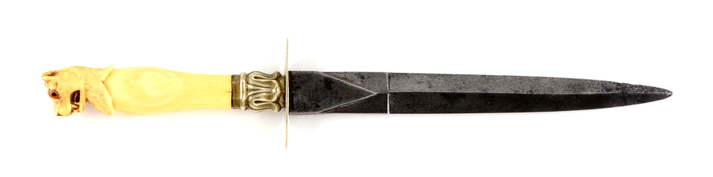 CARVED IVORY LIONESS-HEAD DIRK KNIFE MADE FOR FLERSHEIM REINGANUM & CO. BIRMINGHAM.