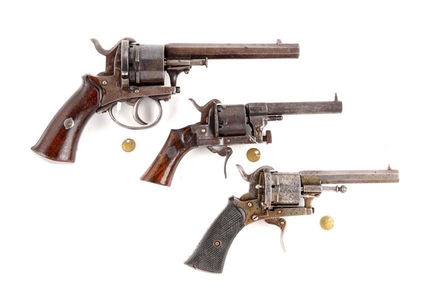 (A) LOT OF 3: SYSTEME LEFAUCHEUX DOUBLE ACTION PINFIRE REVOLVERS.