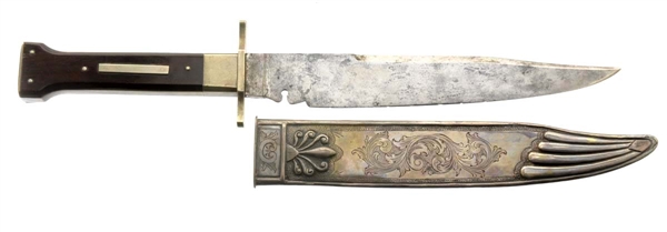 “ARKANSAS TOOTHPICK” ETCHED DOGBONE BOWIE KNIFE BY W. BUTCHER, SHEFFIELD.