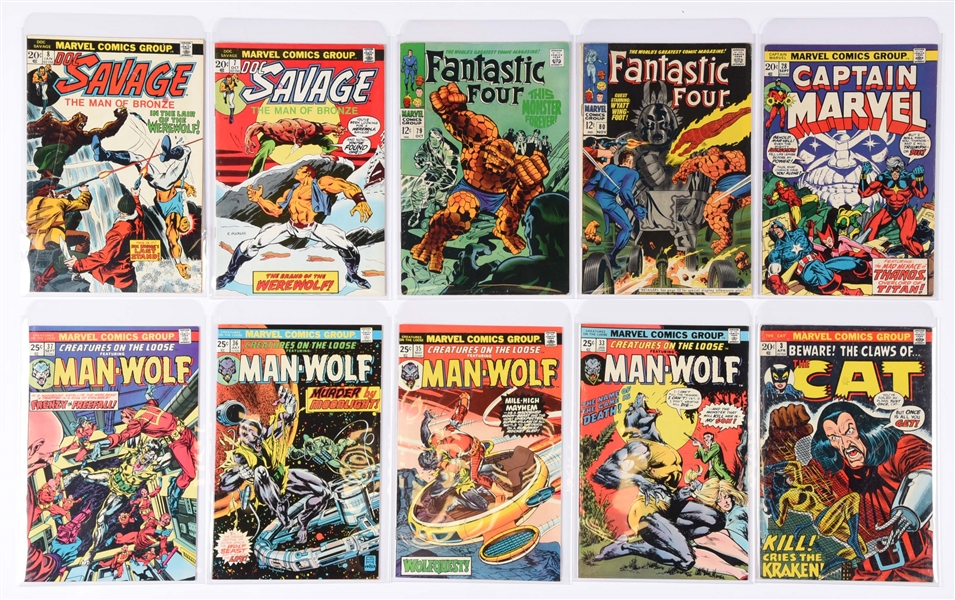 LOT OF 10: MARVEL COMIC BOOK LOT, FANTASTIC FOUR, CAPTAIN MARVEL, THE CAT, MAN WOLF & DOC SALVAGE