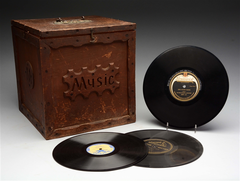 WOODEN "MUSIC" BOX FILLED W/ RECORDS.