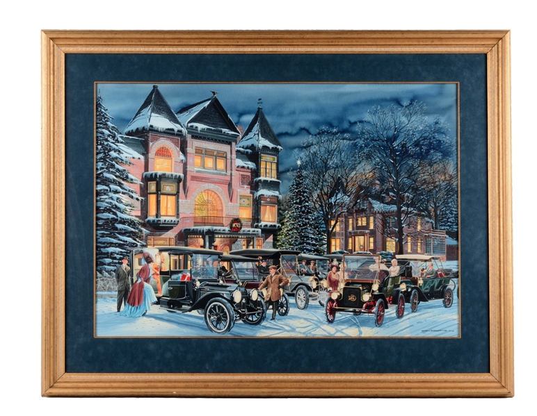KEN EBERTS WINTER PAINTING WITH EARLY AUTOMOBILES.
