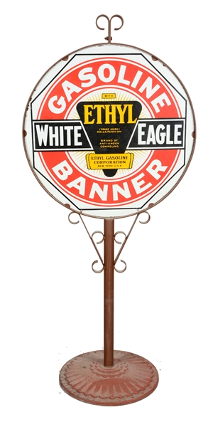 WHITE EAGLE BANNER GASOLINE W/ ETHYL LOGO PORCELAIN SIGN.