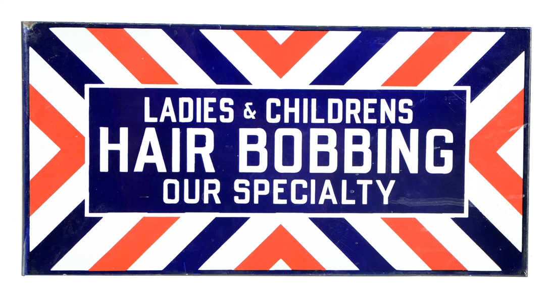 LADIES & CHILDRENS HAIR BOBBING PORCELAIN FLANGE SIGN.