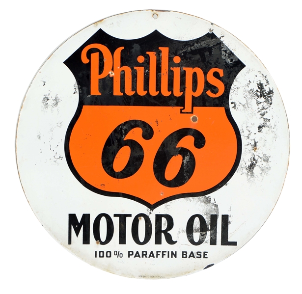 PHILLIPS 66 MOTOR OIL "100% PARAFFIN BASE" PORCELAIN SIGN.