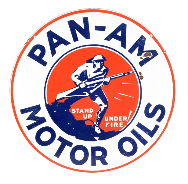 PAN-AM MOTOR OILS WITH SOLDIER PORCELAIN SIGN.