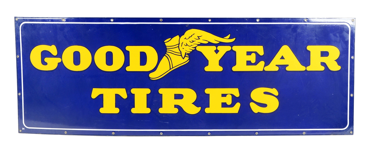 GOODYEAR TIRES WITH WINGED FOOT LOGO PORCELAIN SIGN.