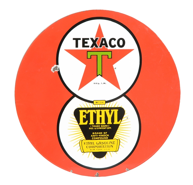 TEXACO (BLACK-T) WITH ETHYL LOGO "8 BALL" PORCELAIN SIGN.
