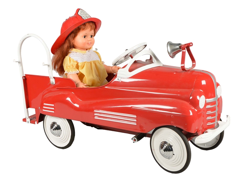 LOT OF 3: PRESSED STEEL FIRE ENGINE PEDAL CAR WITH DOLL. 