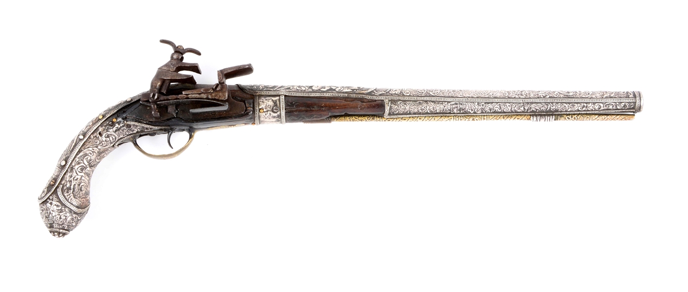 (A) SILVER STOCKED ALBANIAN MIQUELET PISTOL.